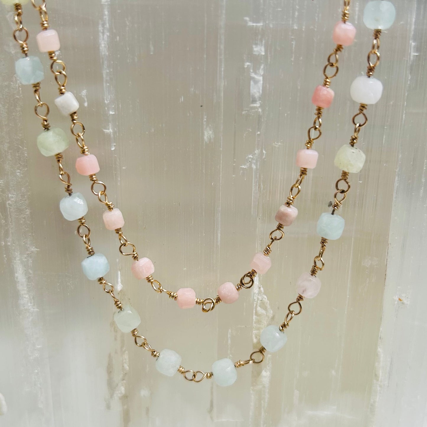 Gemstone Rosary Necklace ~ Pink Peruvian Opal Cubes
