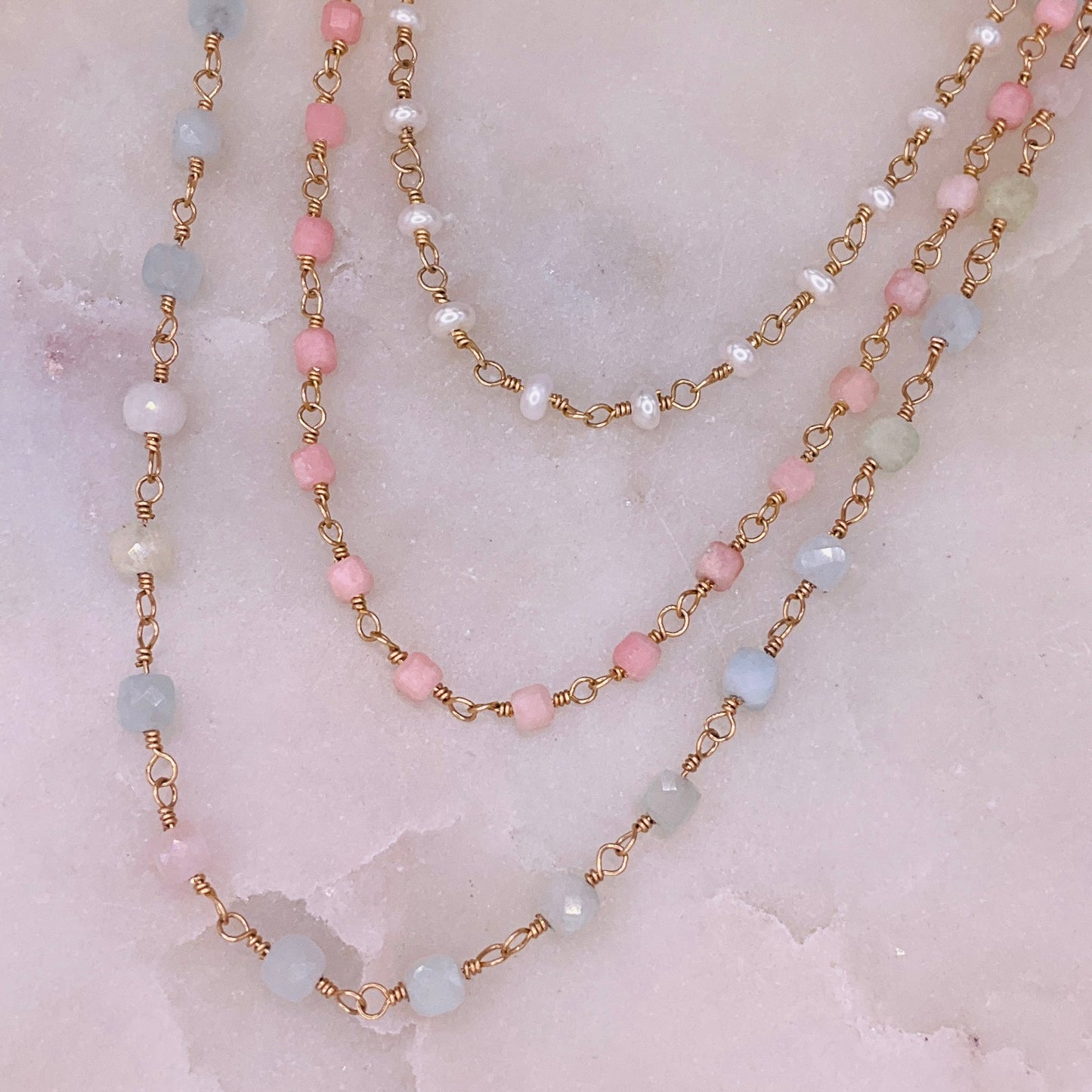 Gemstone Rosary Necklace ~ Pink Peruvian Opal Cubes