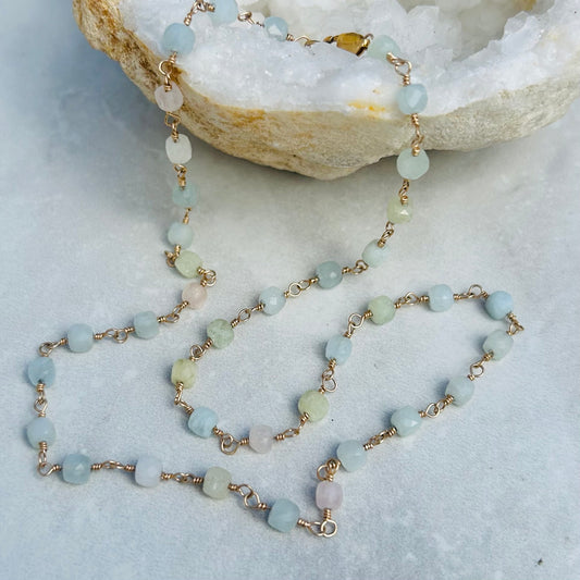 Gemstone Rosary Necklace ~ Aquamarine Cubes